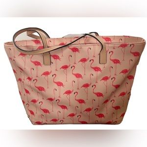 Kate Spade Handbag Pink Flamingo Print Zipper Close Inner Pockets Bag Charm